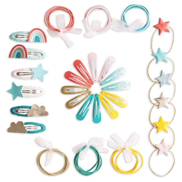 48 Haarspangen & Haargummies – Regenbogen pink